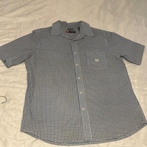 CHAPS button up short sleeve dress shirt. Blue and black stripes